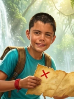 The same boy illustrated as the hero of an island adventure