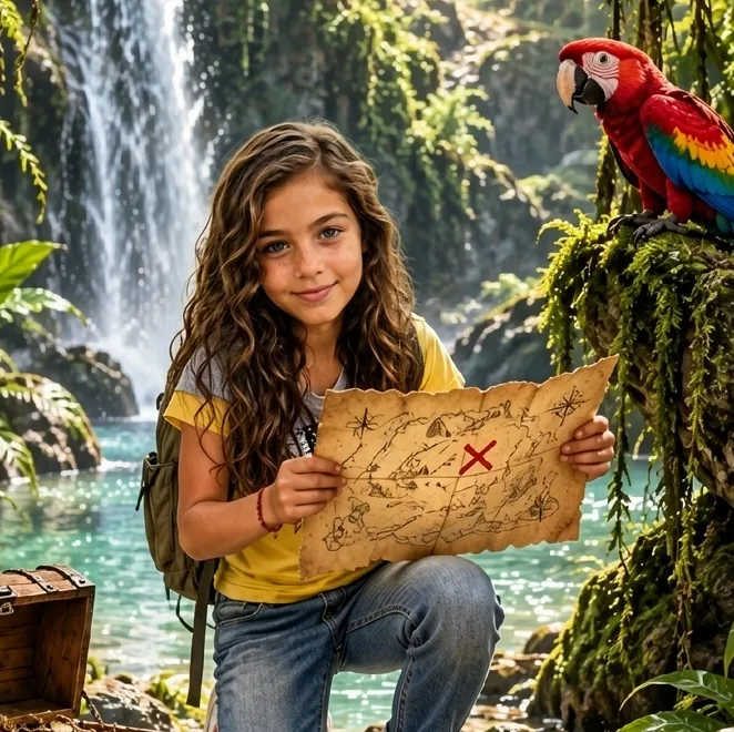 The same child illustrated as the hero of Castaway Island - Girl Edition